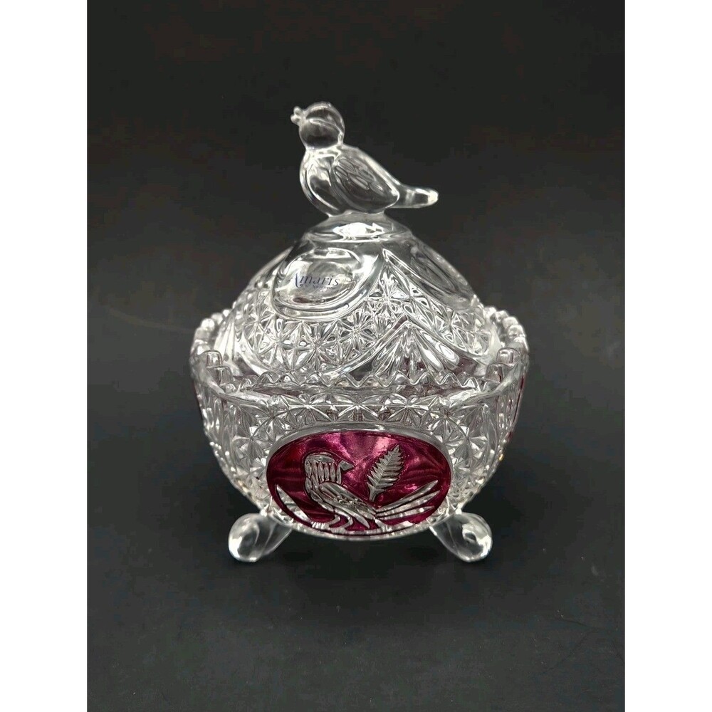 Vintage Amaris By Nachmann Crystal Red Bird Covered Sawtooth Candy Dish Germany